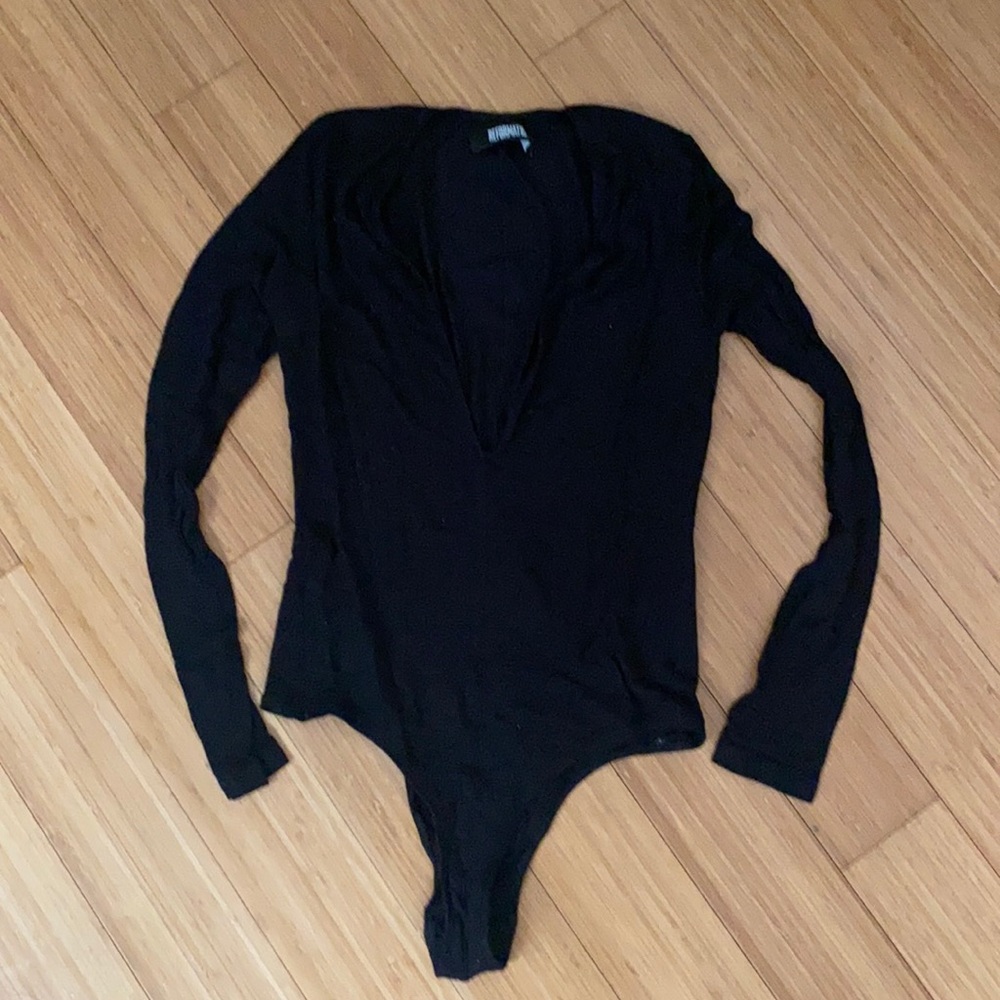 Reformation deep v neck ribbed thong bodysuit